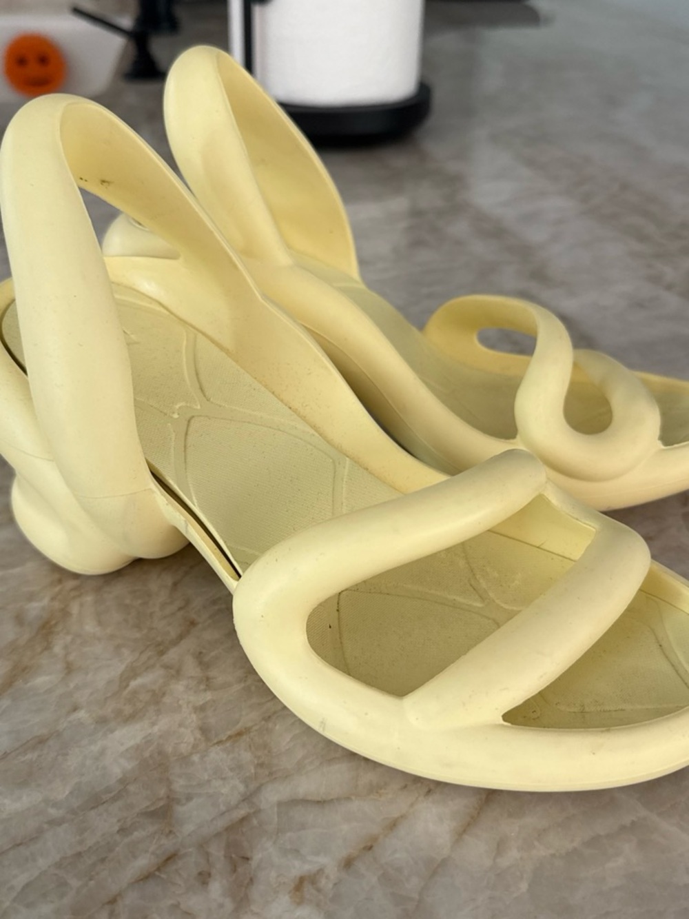 Camper Curved Strap Heeled Sandals in Pale Yellow